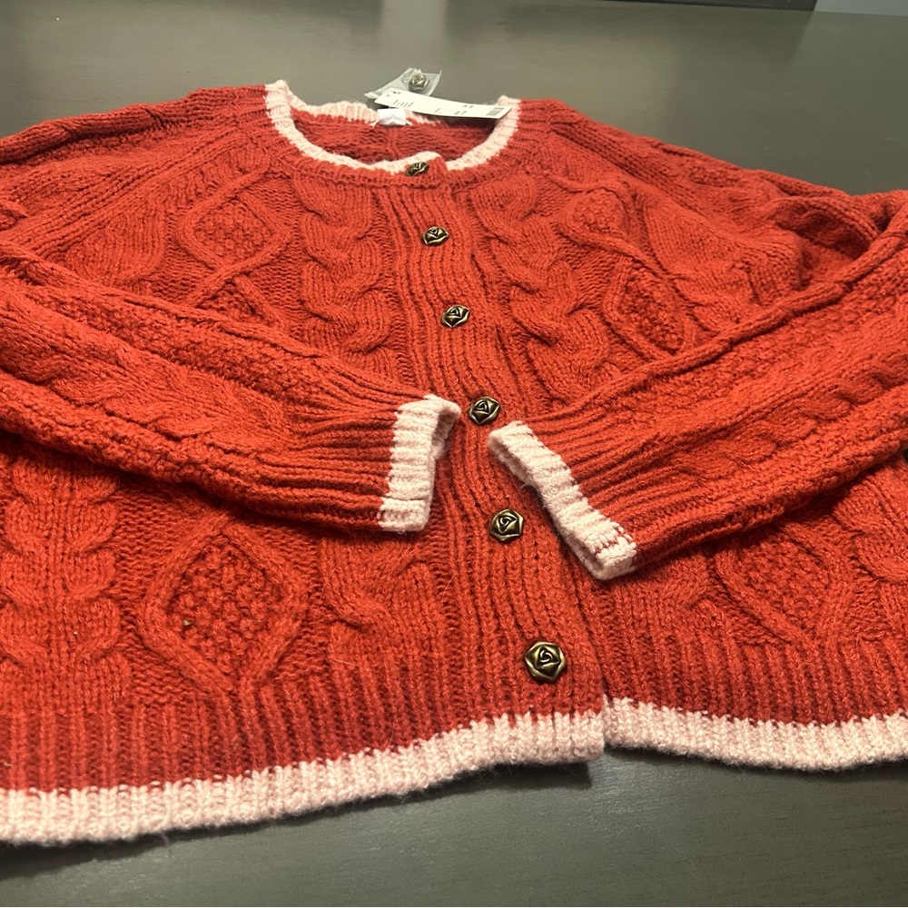 Urban Outfitters Red Cable Knit Cardigan with Pink Accents